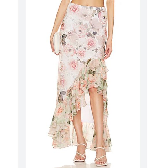 Alice + Olivia Braylee Asymmetric Floral Rose Ruffle Slip Midi Skirt Size 4 - Picture 6 of 8